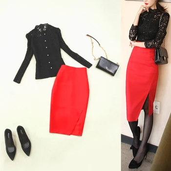Женски костюм, черна дантела яка-часова рецепция, елегантен OL, професионален темперамент, тънка риза + червена чанта с висока талия, полите на бедрата, два комплекта