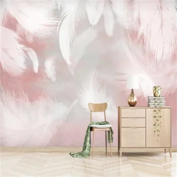 Тапети съвременната мода розово перо стенопис дневна спалня романтична декорация на дома, самозалепващи водоустойчив 3D стикер