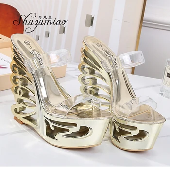 Нова Дамски обувки на танкетке, Прозрачни дамски обувки от PVC с наклон на Ток, Лятна обувки 2020 г., Пикантен дамски Обувки на много висок ток 14,5 см., Дамски Чехли